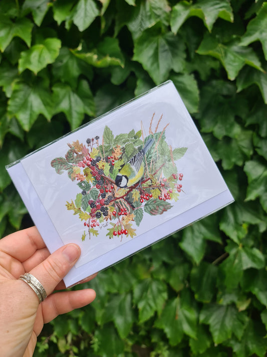 Great Tit in a Hedgerow - Greetings Card