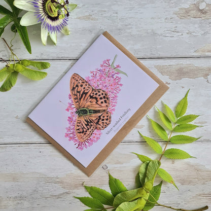 Silver - washed Fritilary Butterfly - Greetings Card - At the Cherry Tree