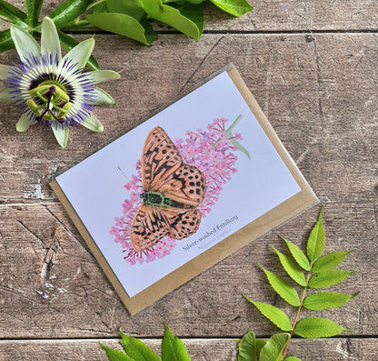 Silver - washed Fritilary Butterfly - Greetings Card - At the Cherry Tree